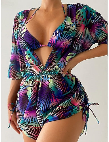 Swimwear Bikini Three Piece Cheeky Swimsuit Slim Backless Vacation Beach Wear Graphic Plunge Sleeveless Bathing Suits