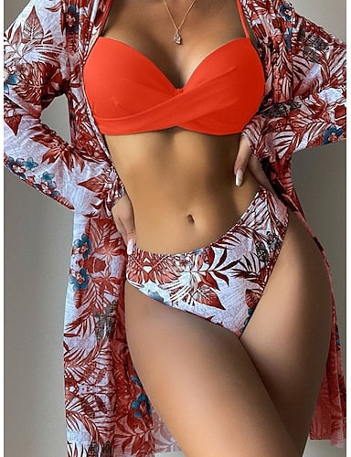 Swimwear Bikini Three Piece High Waist Swimsuit Slim Backless Vacation Beach Wear Tropical V Neck Sleeveless Long Sleeve Bathing Suits