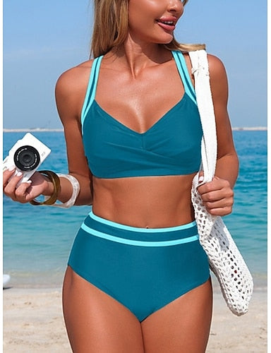 Swimwear Bikini 2 Piece Briefs Swimsuit Tummy Control High Waist Slim Backless Vacation Beach Wear Stripe V Neck Sleeveless Bathing Suits