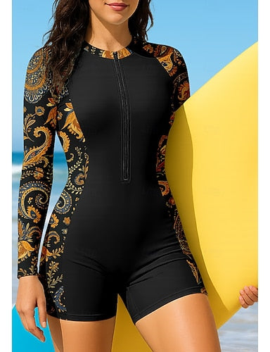 Rash Guard Bathing Suit Boyleg Paisley Zip Up Removable Pad Front Zip Uv Sun Protection Upf50+ Ultra Light (ul) Long Sleeve Swimwear Sun Shirt Surfing Beach Water Sports Summer