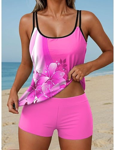 Tankini 2 Piece Swimsuit High Waist Backless Vacation Beach Wear Ombre U Neck Sleeveless Bathing Suits