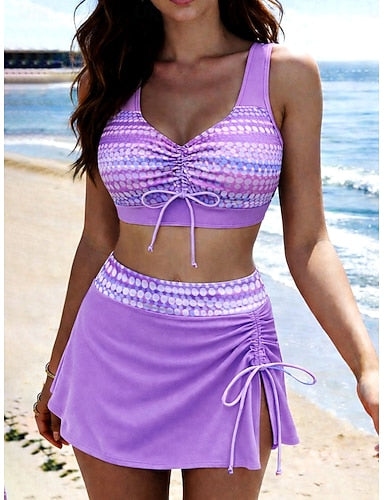 Swimwear Bikini 2 Piece Skirt Swimsuit Tummy Control High Waist Slim Backless Vacation Graphic Polka Dot Scoop Neck Sleeveless Bathing Suits