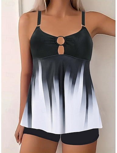 Tankini 2 Piece Swimsuit Shorts Tummy Control High Waist Slim Backless Vacation Beach Wear Ombre U Neck Sleeveless Bathing Suits