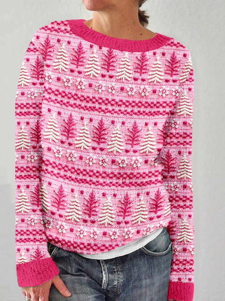 Pink Christmas Tree Embroidery Cozy Knit Sweater artswardrobe