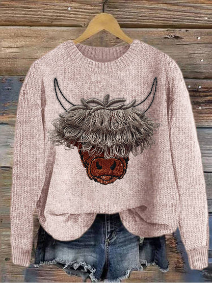 Vintage Highland Cow Embroidery Cozy Knit Sweater artswardrobe