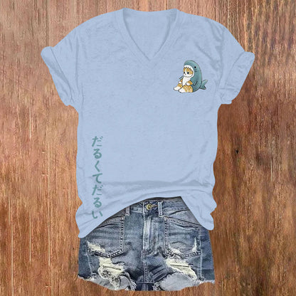 Japanese Cute Cat Print V-Neck Short Sleeves T-Shirt elevenforest