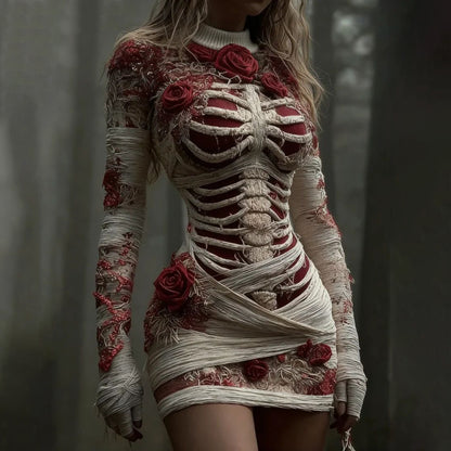 Comstylish Women's Vintage Red Rose Skeleton Art Knit Mini Sweater Dress