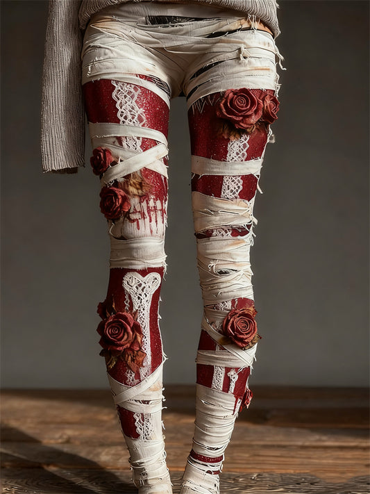 Comstylish Halloween Skeleton Anatomy Lace Bloody Roses Bandages Leggings
