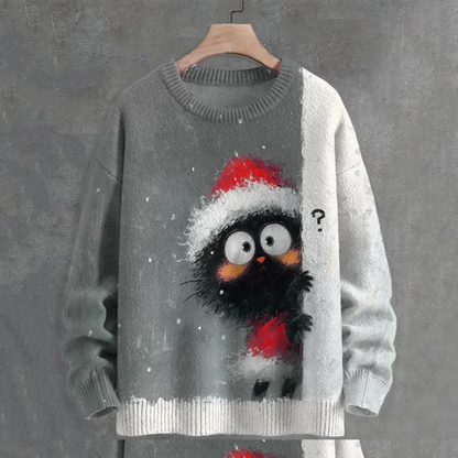 Men's Black Cat In Christmas Costume Hiding Art Print Casual Knit Crew Neck Sweater elevenforest