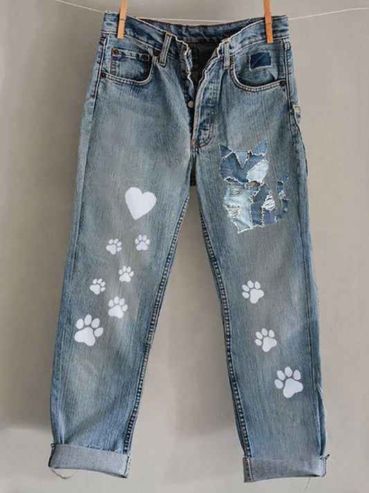 Comstylish Funny Animal Embroidered Print Jeans