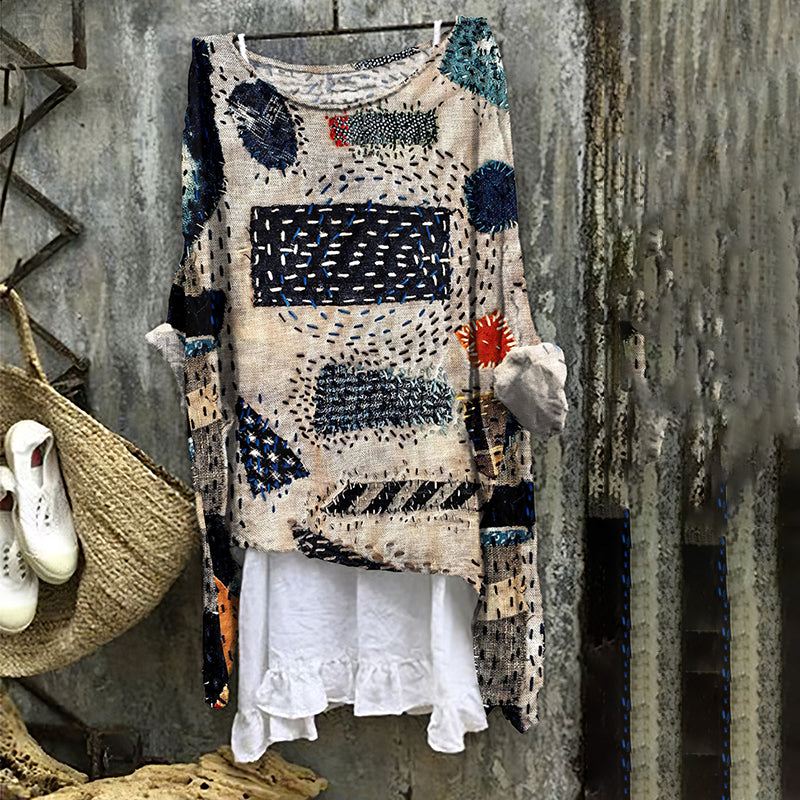 Vintage Patch Work Embroidery Art Linen Blend Blouse artswardrobe