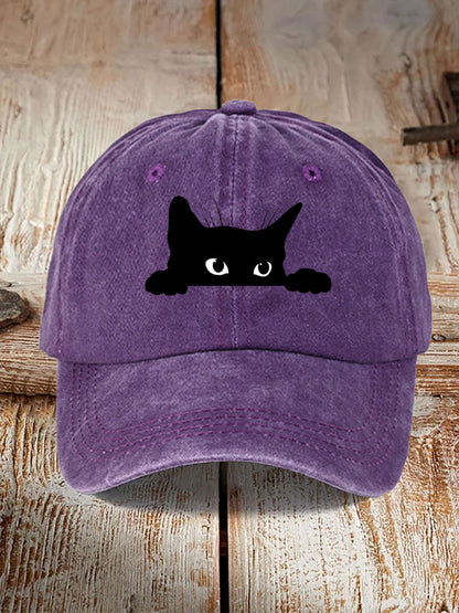 Comstylish Unisex Washed Cotton Bend Casual Black Cat Print Hat