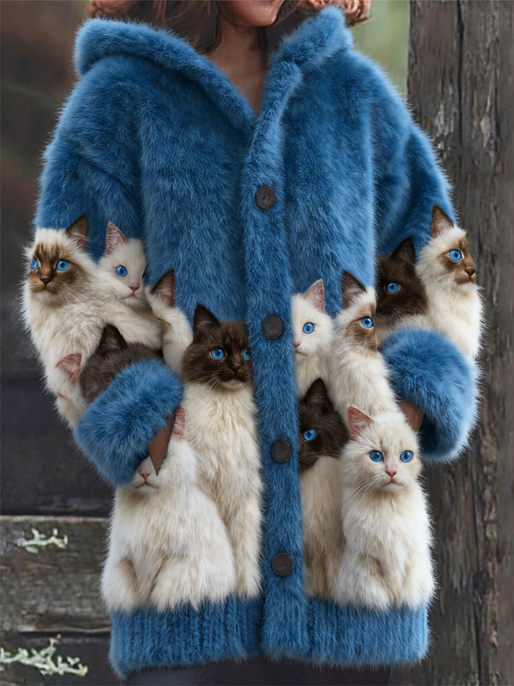 Cardigan en laine à imprimé de chats noir et blanc