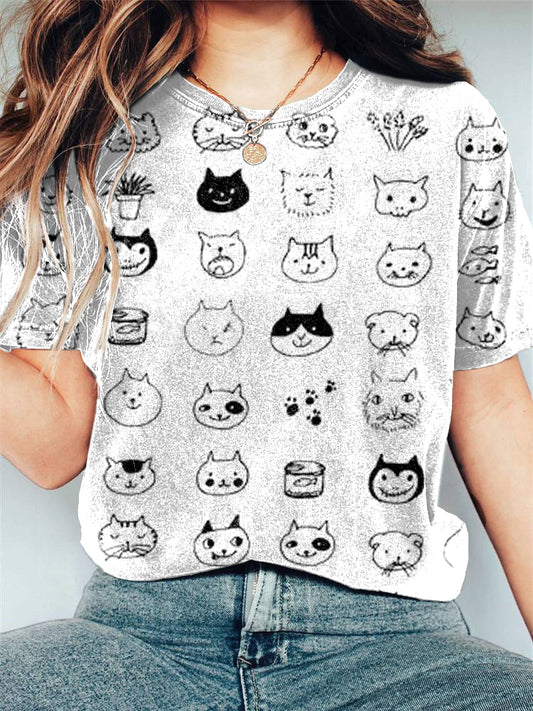 Cute Cat Line Art Print Casual Cotton Linen Blend T-Shirt elevenforest