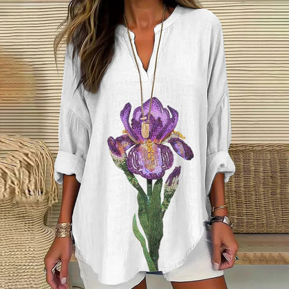 Comstylish Women's Purple Flower Art Casual V Neck Shirt