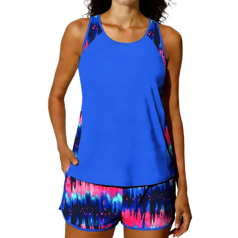 Tankini 2 Piece Swimsuit Shorts Backless Vacation Beach Wear Ombre Graphic U Neck Sleeveless Bathing Suits