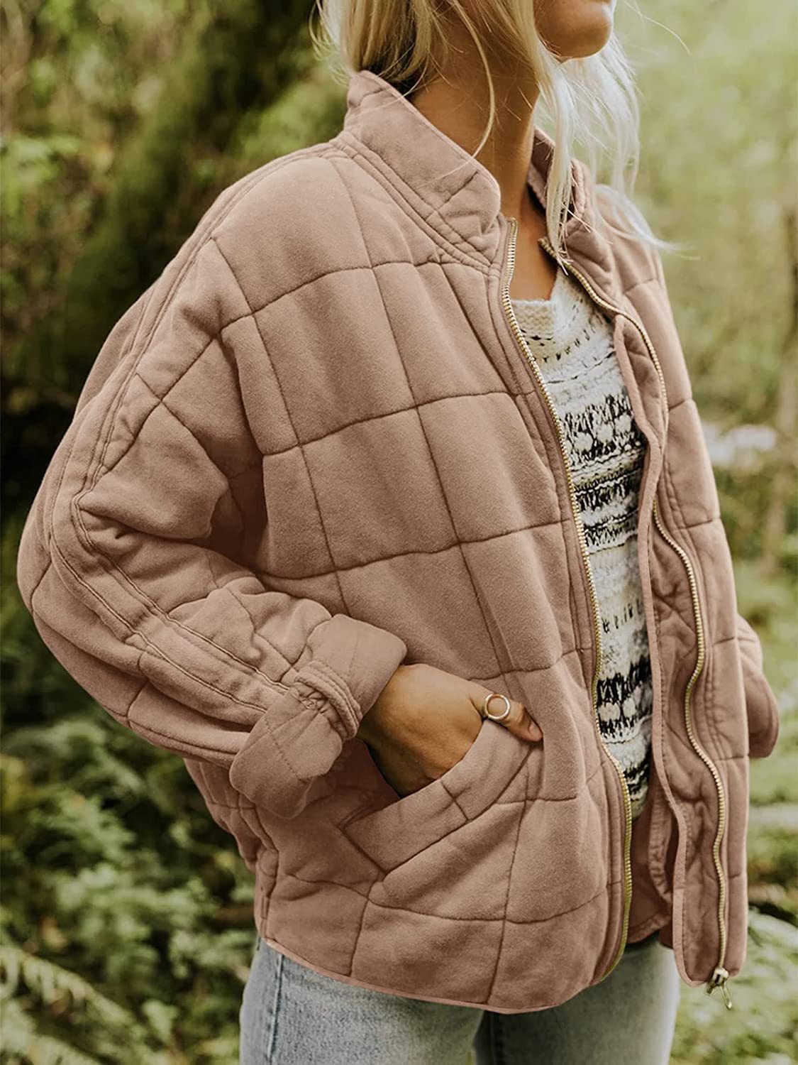 Stand collar padded loose pocket jacket