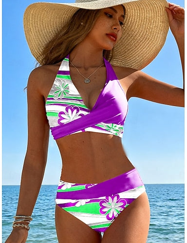 Bikini 2 Piece Swimsuit Cheeky Vacation Graphic V Neck Sleeveless Bathing Suits