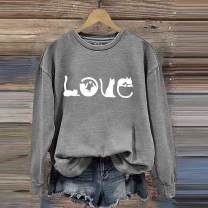Cat Love Printed Round Neck Casual Sweatshirt elevenforest