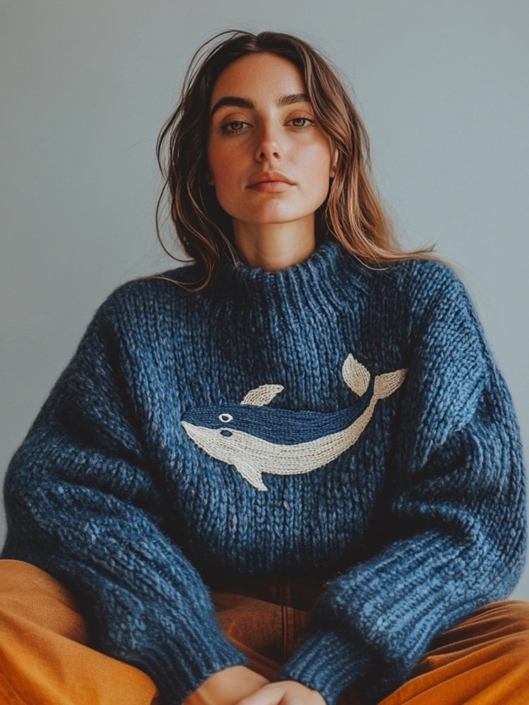 Pull en coton à grosse maille avec motif de baleine brodé, coloris bleu océan