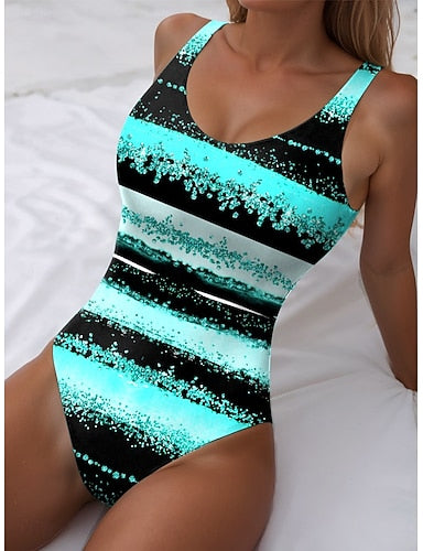 One Piece Swimsuit Slimming Monokini High Cut Tummy Control High Waist Slim Backless Vacation Ombre Graphic U Neck Sleeveless Bathing Suits