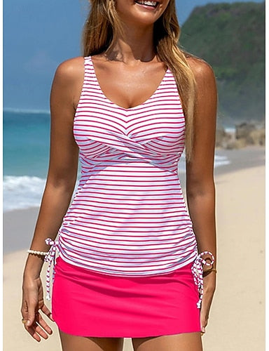 Swimwear Tankini 2 Piece Skirt Swimsuit Tummy Control High Waist Slim Backless Vacation Beach Wear Striped V Neck Sleeveless Bathing Suits