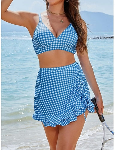 Swimwear Bikini 2 Piece Skirt Swimsuit Slim Backless Vacation Beach Wear Plaid Stripe V Neck Sleeveless Bathing Suits