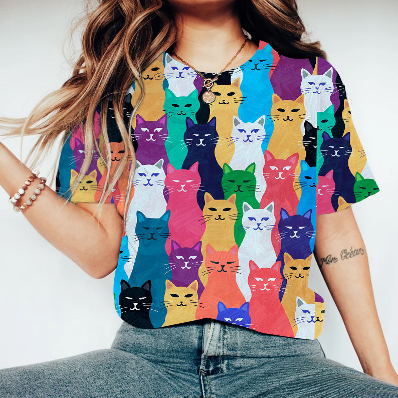 Colorful Pop Art Style Cats Pattern T-shirt elevenforest