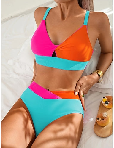 Swimwear Bikini 2 Piece Cheeky Swimsuit Slim Backless Vacation Beach Wear Color Block V Neck Sleeveless Bathing Suits