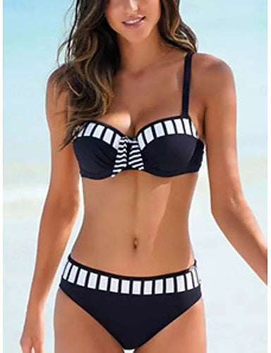 Swimwear Bikini 2 Piece Cheeky Swimsuit Slim Backless Vacation Beach Wear Striped V Neck Sleeveless Bathing Suits