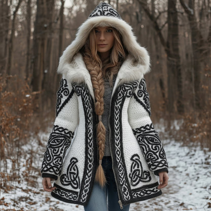 Women's Vintage Celtic Knot Knitted Print Fur Collar Zipper Sweater Jacket artswardrobe