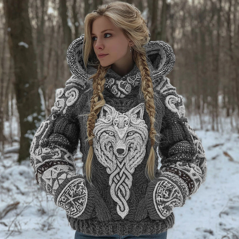 Cardigan à capuche mélange coton à motif de loup celtique