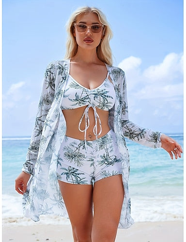 Bikini 3 Piece Swimsuit Shorts Slim Backless Vacation Beach Wear Graphic V Neck Sleeveless Long Sleeve Bathing Suits