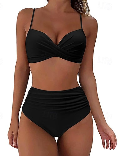 Ruched Swimsuit Bikini Sets Swimwear Colored Swimwear Light Pink Black Breathable Sleeveless - Surfing Beach Swimming Summer