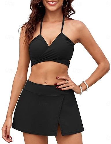 Bikini 2 Piece Swimsuit With Skirt Skirt Slim Backless Vacation Beach Wear Striped Halter Neck Sleeveless Bathing Suits