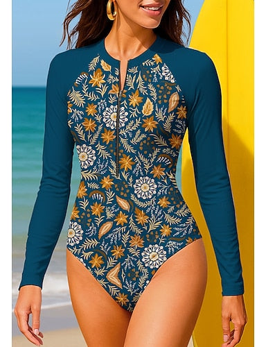 Regular Rash Guard Bathing Suit One Piece Swimsuit Paisley Tropical With Built in Bra Upf50+ Uv Protection Stretchy Long Sleeve Swimwear Bodysuit Surfing Beach Water Sports Summer