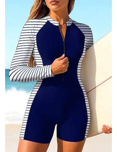 Rash Guard One Piece Surfing Suit Bathing Suit Geometric Stripes Color-blocking Zip Up With Built in Bra Removable Pad Uv Sun Protection Upf50+ Ultra Light (ul) Long Sleeve Swimwear Sun Shirt