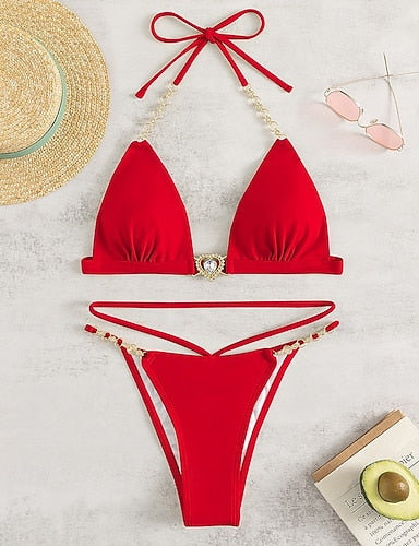 Swimwear 2 Piece Cheeky Swimsuit Backless Vacation Beach Wear Color Halter Neck Sleeveless Bathing Suits