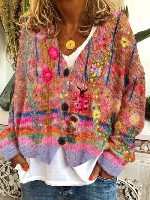 Cardigan en laine à boutonnage floral multicolore