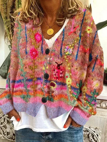 Cardigan en laine à boutonnage floral multicolore