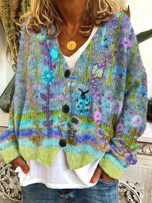 Cardigan en laine à boutonnage floral multicolore