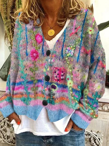 Cardigan en laine à boutonnage floral multicolore