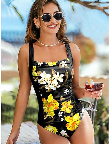 One Piece Swimsuit Slimming Ruched Monokini High Cut Tummy Control High Waist Backless Vacation Beach Wear Graphic U Neck Sleeveless Bathing Suits
