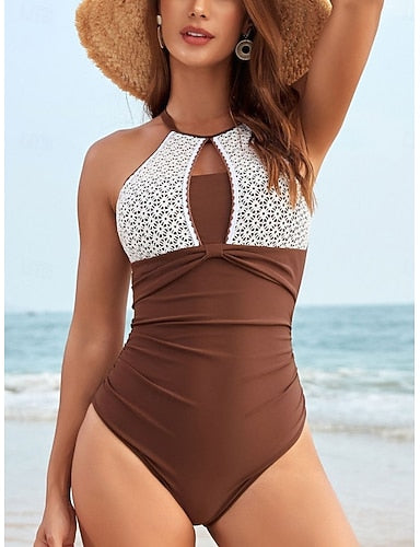 Swimwear One Piece Monokini Swimsuit Tummy Control High Waist Slim Backless Vacation Color Halter Neck Sleeveless Bathing Suits