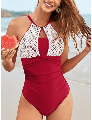 Swimwear One Piece Monokini Swimsuit Tummy Control High Waist Slim Backless Vacation Color Halter Neck Sleeveless Bathing Suits