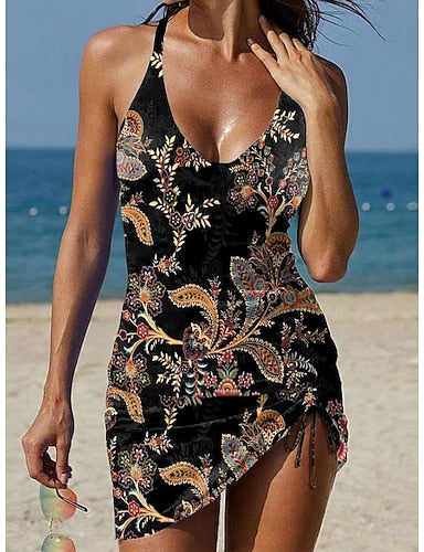 Swimwear Tankini Skirt Swimsuit Halter Vacation Graphic V Neck Sleeveless Bathing Suits