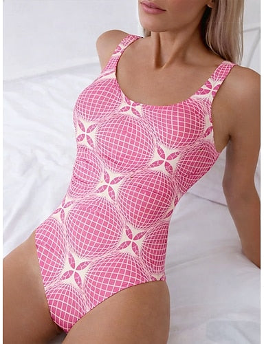 Swimwear One Piece Briefs Swimsuit Beach Wear Summer Graphic Geometic Scoop Neck Sleeveless Bathing Suits