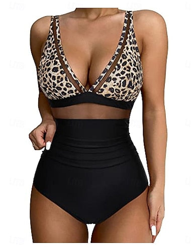 Swimwear One Piece Monokini Swimsuit Mesh Tummy Control High Waist Slim Backless Vacation Beach Wear Leopard Leaves V Neck Sleeveless Bathing Suits