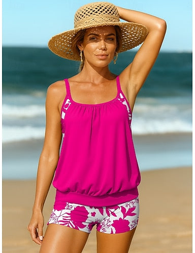 Tankini 2 Piece Swimsuit Palm Briefs Active Vacation Graphic U Neck Sleeveless Bathing Suits