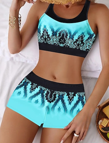Swimwear 2 Piece High Waist Swimsuit Backless Vacation Beach Wear Leopard Round Neck Sleeveless Bathing Suits